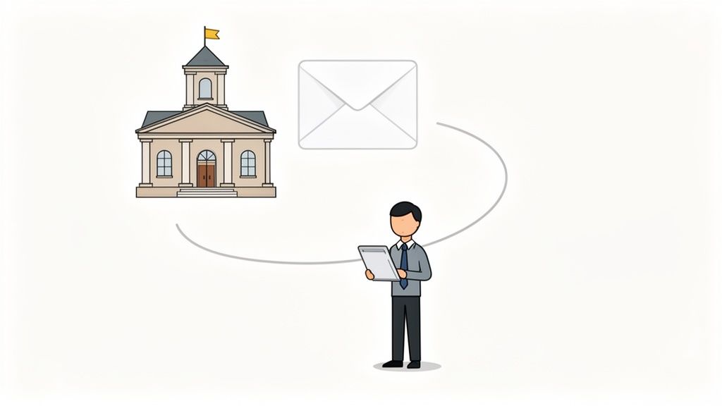 Un homme utilise une tablette pour envoyer ou recevoir un e-mail d'un bâtiment de mairie, illustrant la communication numérique avec les services publics.