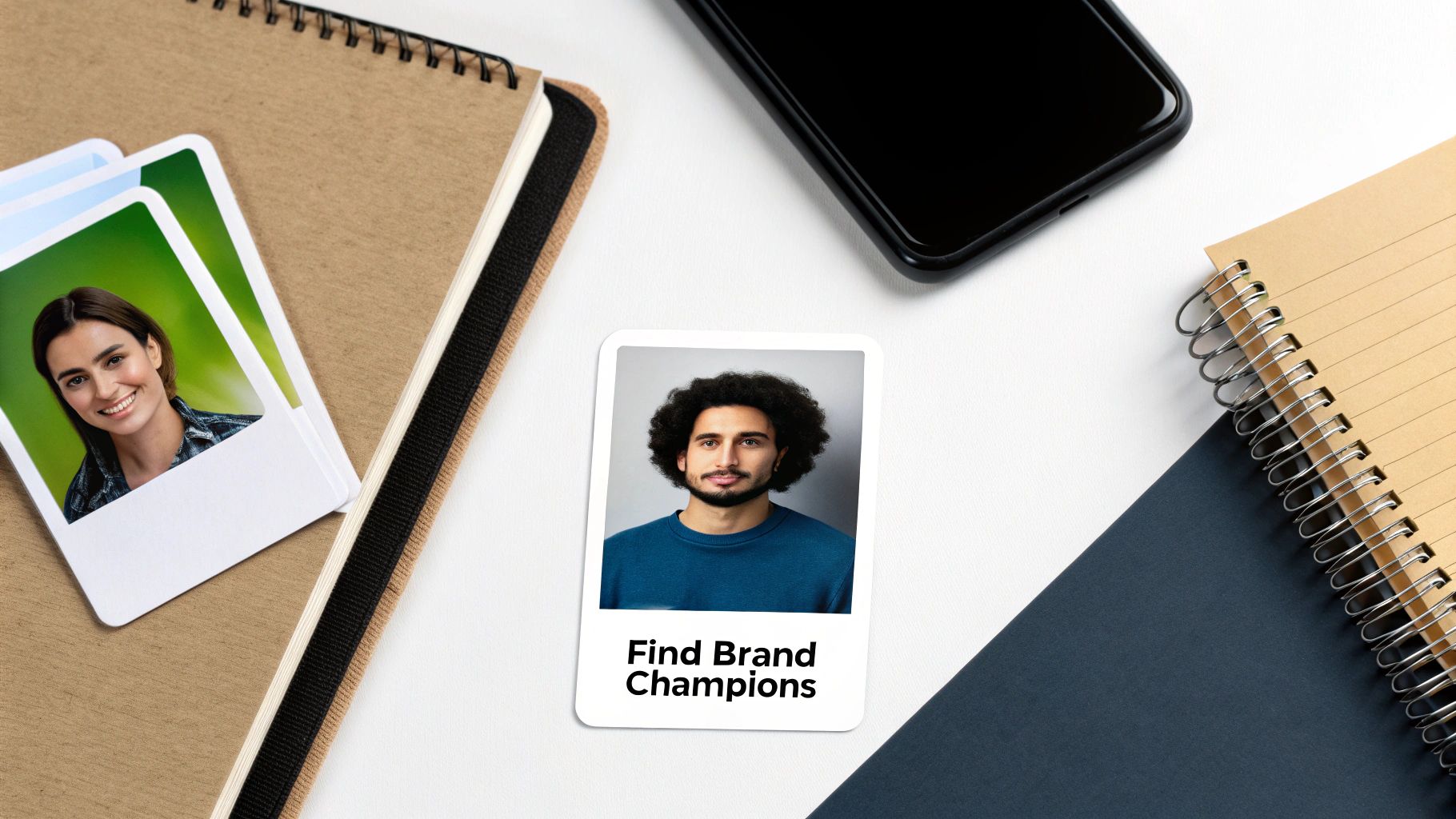 Flat lay of a desktop with notebooks, a smartphone, and cards, one saying 'Find Brand Champions'.