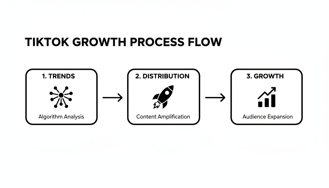 A flowchart detailing the TikTok growth process: Trends (Algorithm Analysis), Distribution (Content Amplification), and Growth (Audience Expansion).