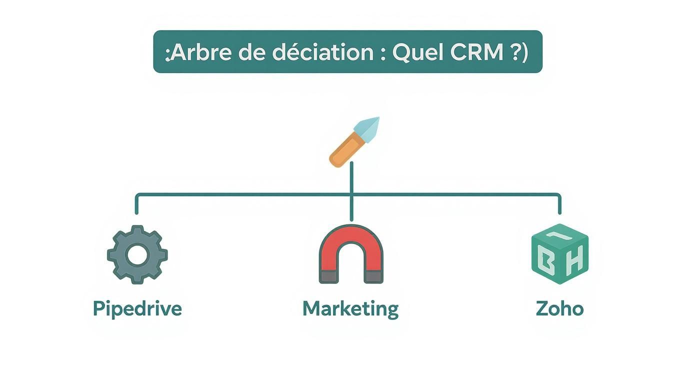 Arbre de décision pour choisir le meilleur CRM pour PME, avec des options pour le démarrage, le marketing ou une solution tout-en-un.