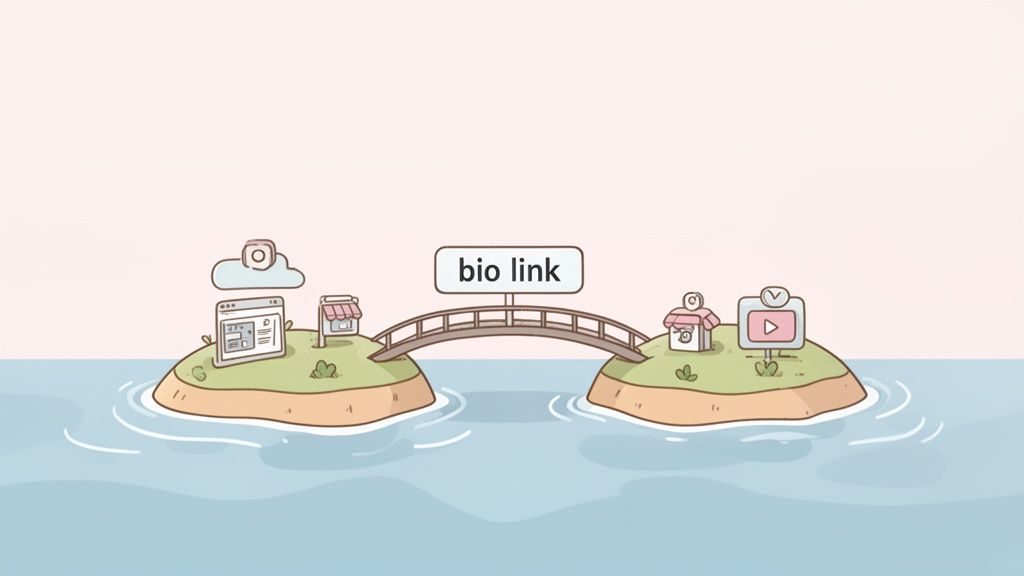 Illustration showing a 'bio link' bridge connecting online platforms like Instagram, websites, and YouTube.