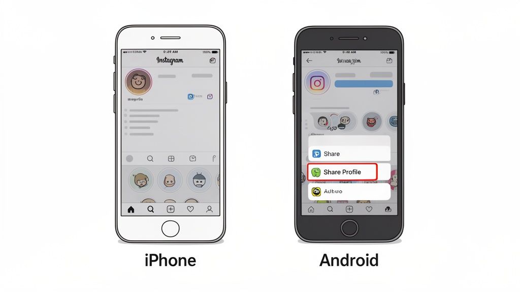 Side-by-side comparison of Instagram profile sharing on iPhone and Android phones, highlighting 'Share Profile'.
