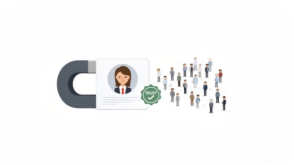 Un aimant attire une carte de profil avec un badge 'TRUST' et des personnes, symbolisant la génération de leads.