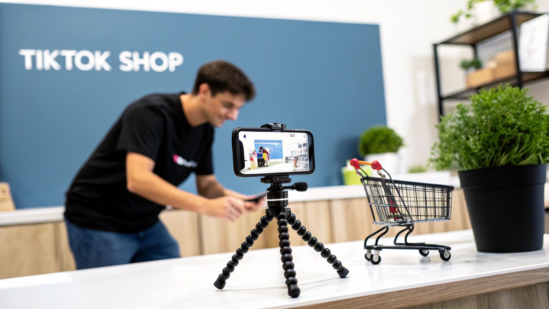 A person live streams for TikTok Shop using a smartphone on a tripod next to a miniature shopping cart.