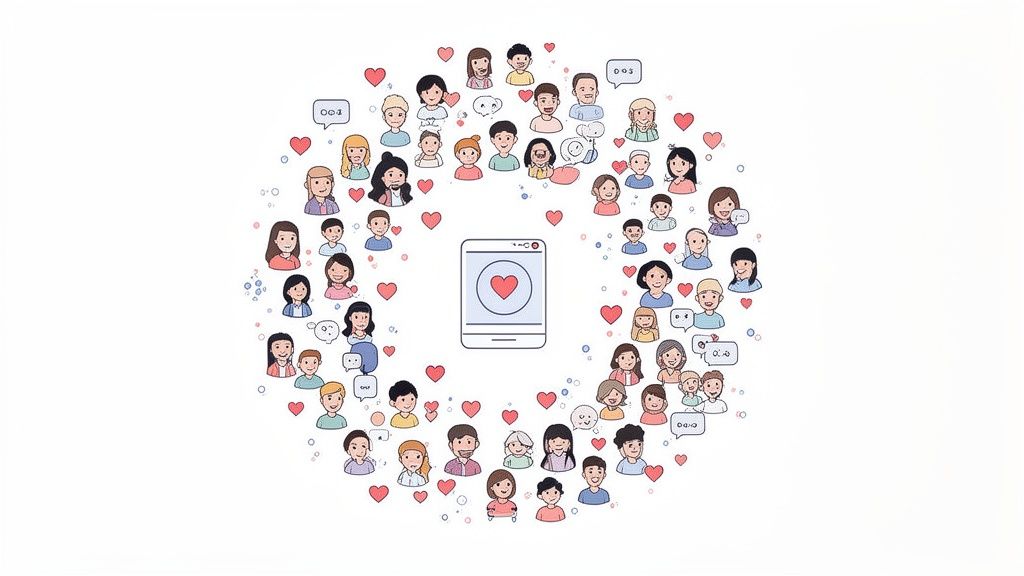 Diverse cartoon people with hearts and speech bubbles surrounding a smartphone, symbolizing social media connection and engagement.