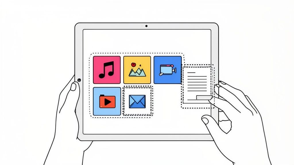 Hands holding a tablet displaying colorful app icons and a document interface with dotted outlines.