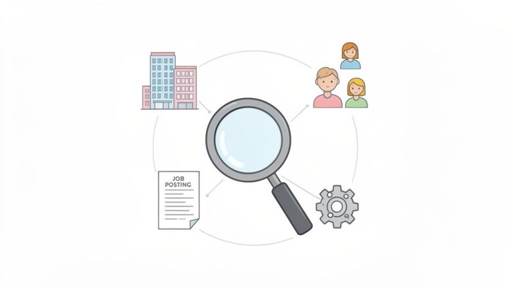 Illustration du processus de recrutement, montrant entreprises, candidats, offre d'emploi et outils de recherche.