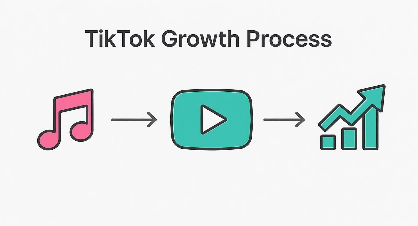 A diagram titled 'TikTok Growth Process' showing music notes leading to a play button icon, then to an upward-trending bar chart.