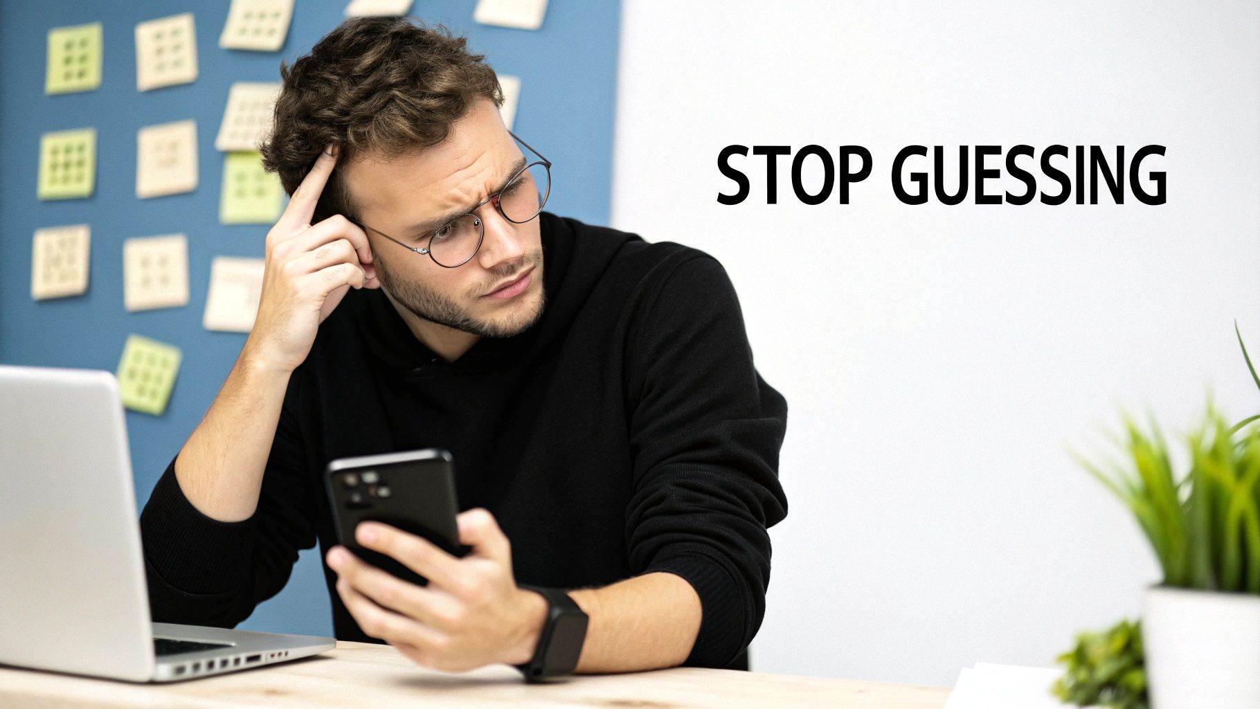 A man in glasses looks thoughtfully at his phone while working on a laptop, with "STOP GUESSING" text.