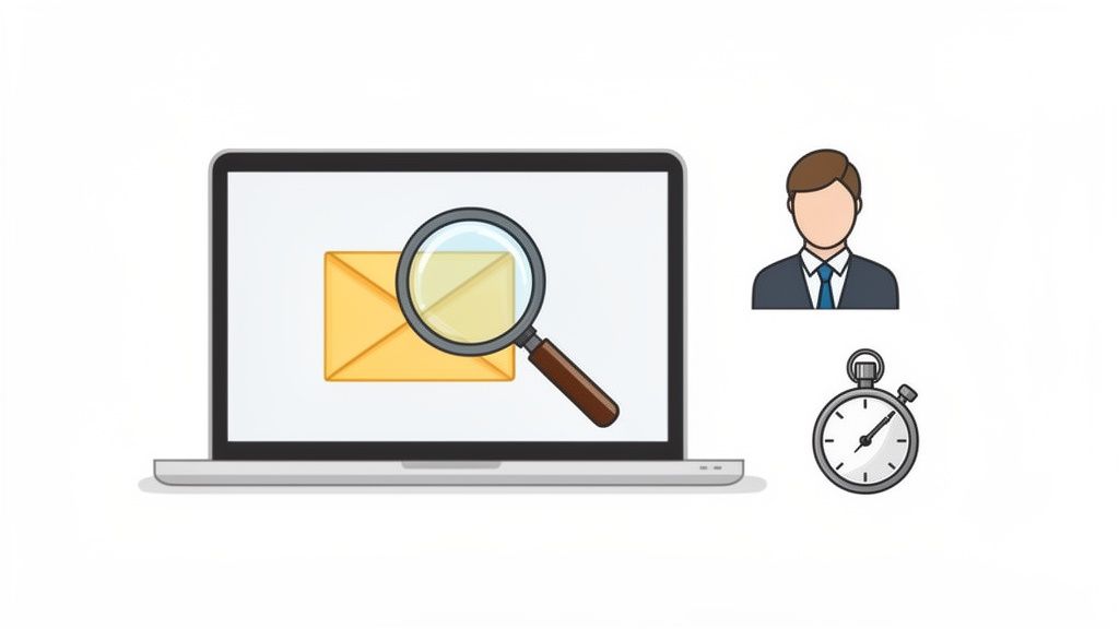 Illustration d'un ordinateur portable vérifiant une adresse e-mail avec une loupe, un utilisateur et un chronomètre.