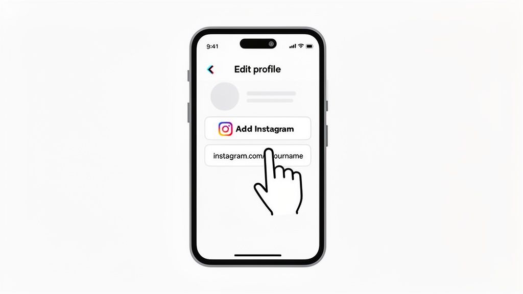 A hand taps on a smartphone screen showing 'Edit profile' with options to add an Instagram link.
