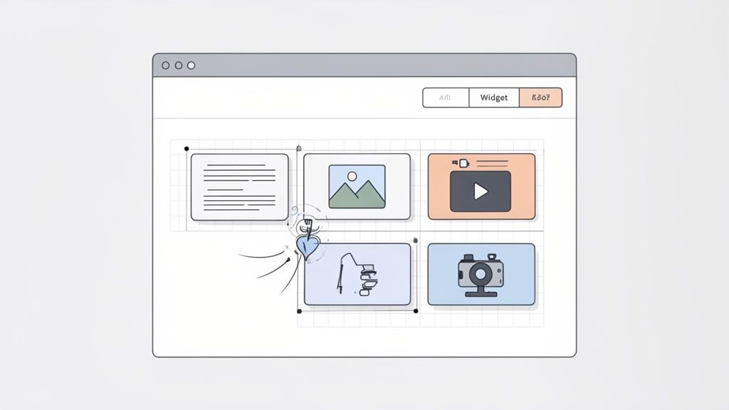 An illustration of a drag-and-drop web page builder with various content blocks and a hand interacting with elements.