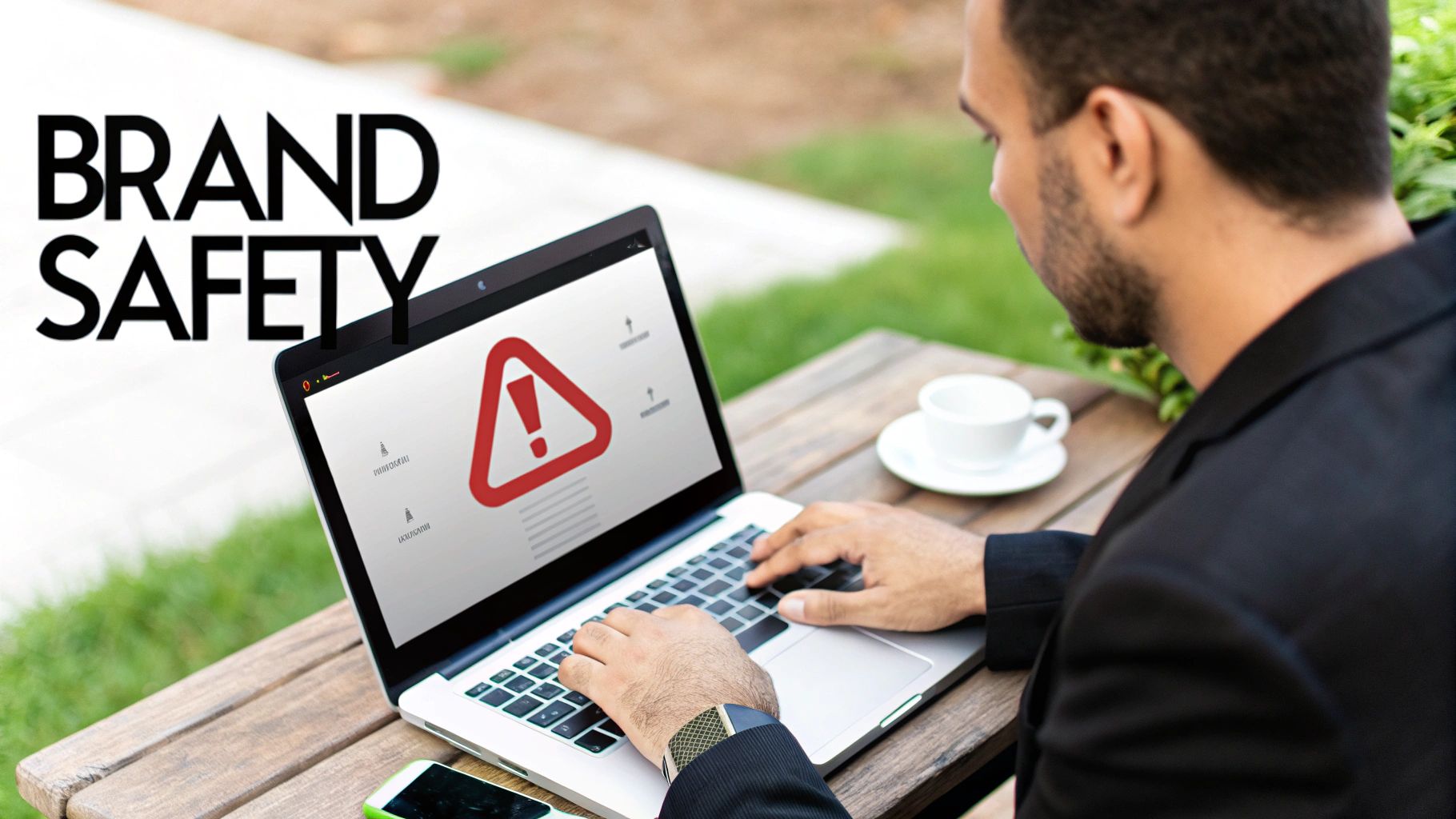 Man working on laptop outdoors with a warning sign on screen, emphasizing brand safety.