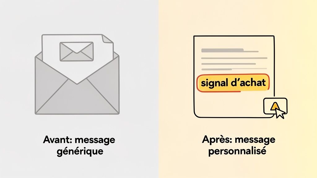 Illustration montrant l'évolution d'un message générique (email) vers un message personnalisé avec un signal d'achat.