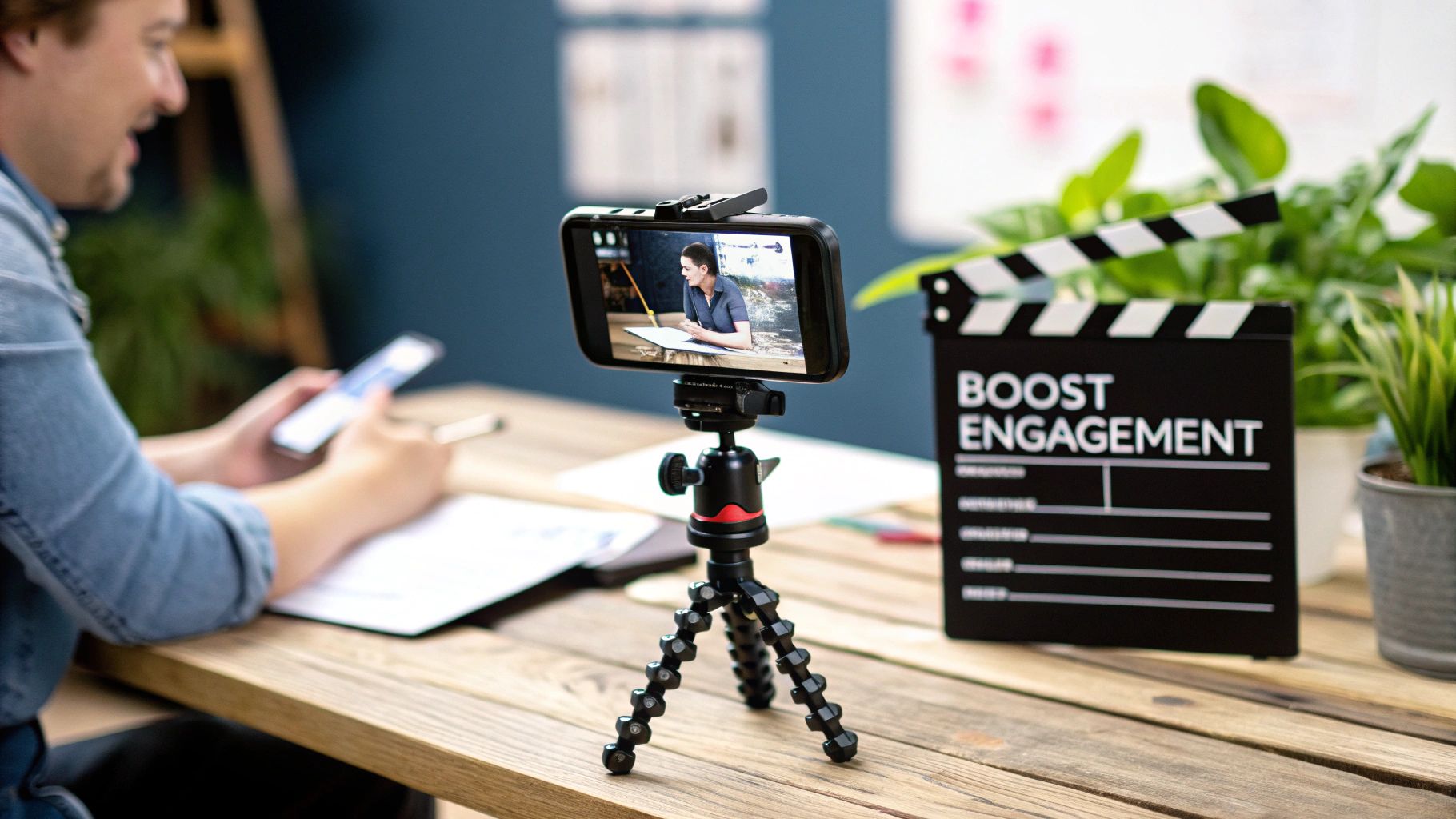 A person works at a desk, with a phone recording a video, and a 'Boost Engagement' clapperboard.
