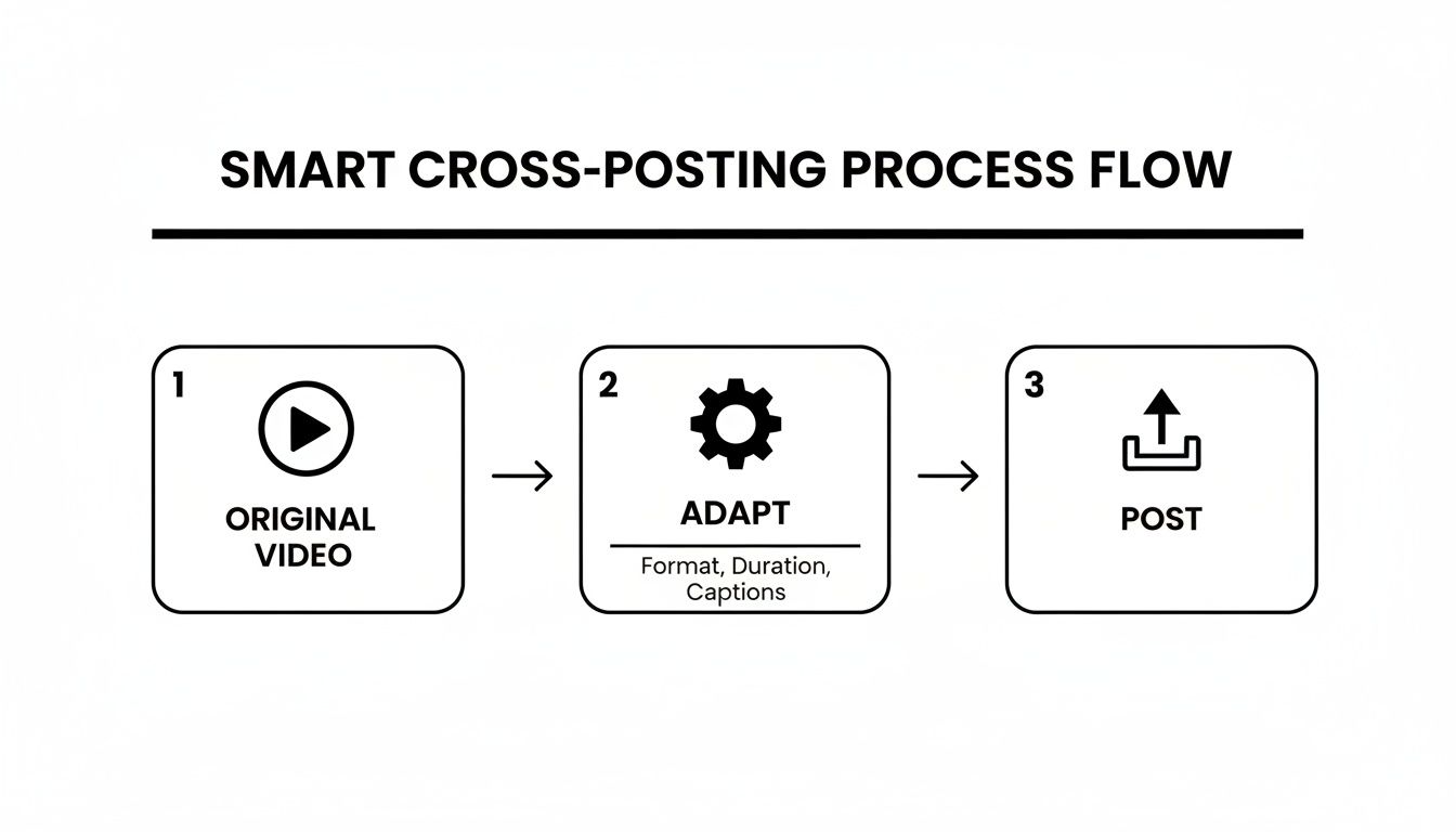 Process flow diagram illustrating smart cross-posting in three steps: Original Video, Adapt, and Post.