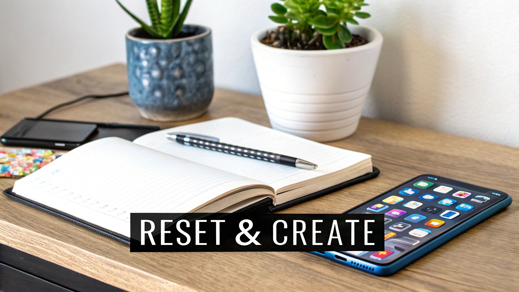 A desk setup with an open notebook, pen, two potted plants, a smartphone, and 'RESET & CREATE' text.