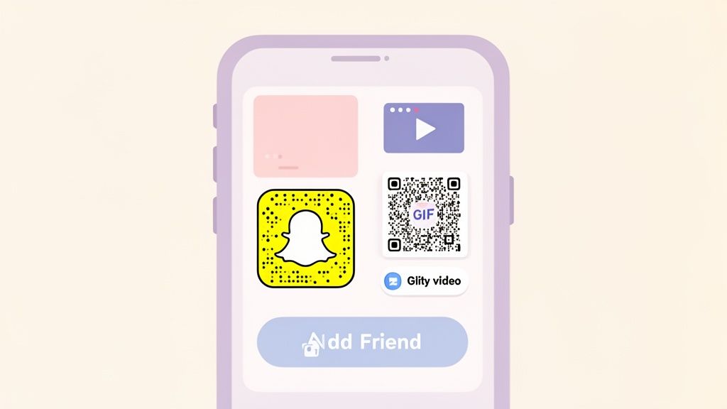 A smartphone screen showing a Snapchat QR code, a GIF QR code, a video icon, and an 'Add Friend' button.