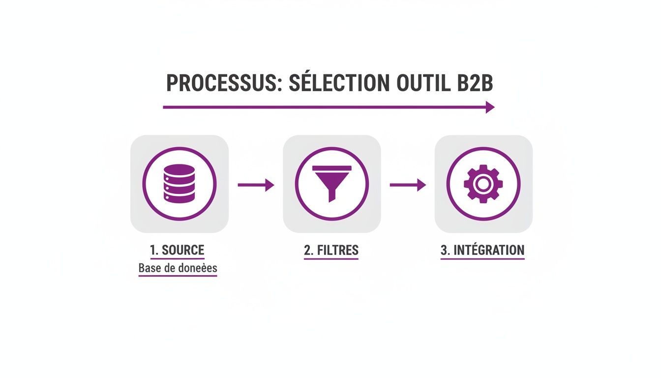 Description d'un processus de sélection d'outil B2B en trois étapes : source (base de données), filtres et intégration.