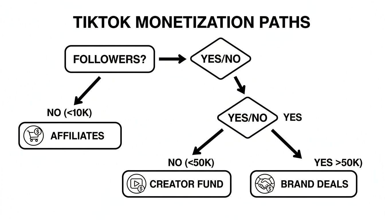 A TikTok monetization flowchart illustrating paths like affiliates, Creator Fund, and brand deals based on follower count.