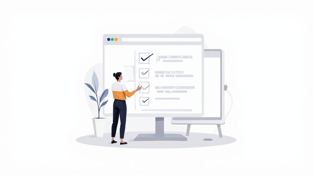 Une personne pointe un grand écran d'ordinateur affichant une liste de tâches avec des cases à cocher.