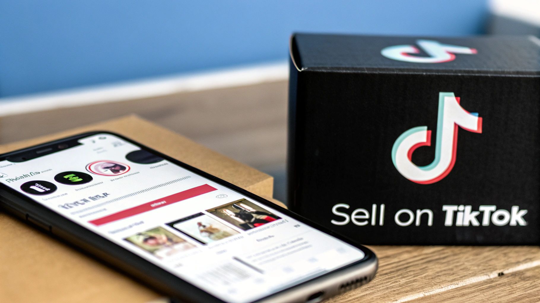 Smartphone displaying a social media app next to a black box with the 'Sell on TikTok' logo.