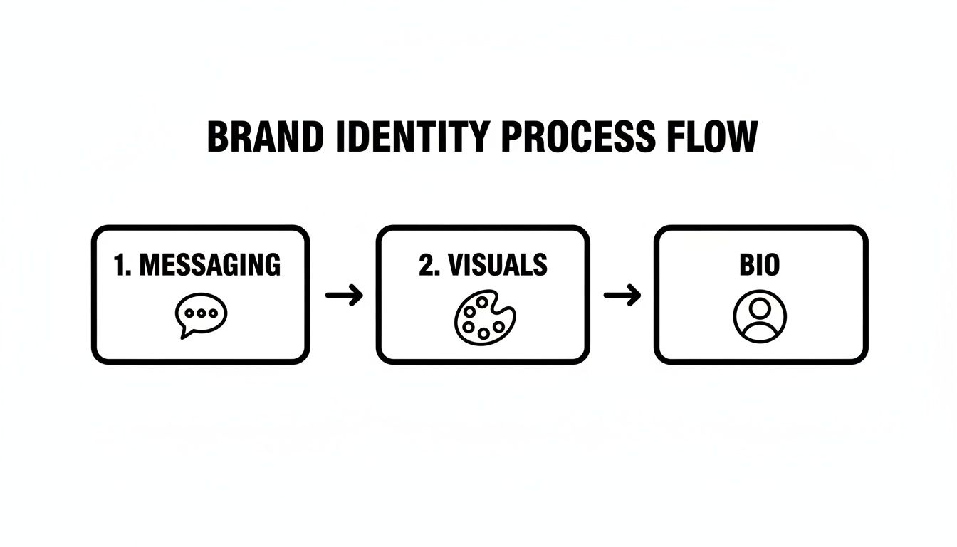 A brand identity process flow chart showing three steps: messaging, visuals, and bio.