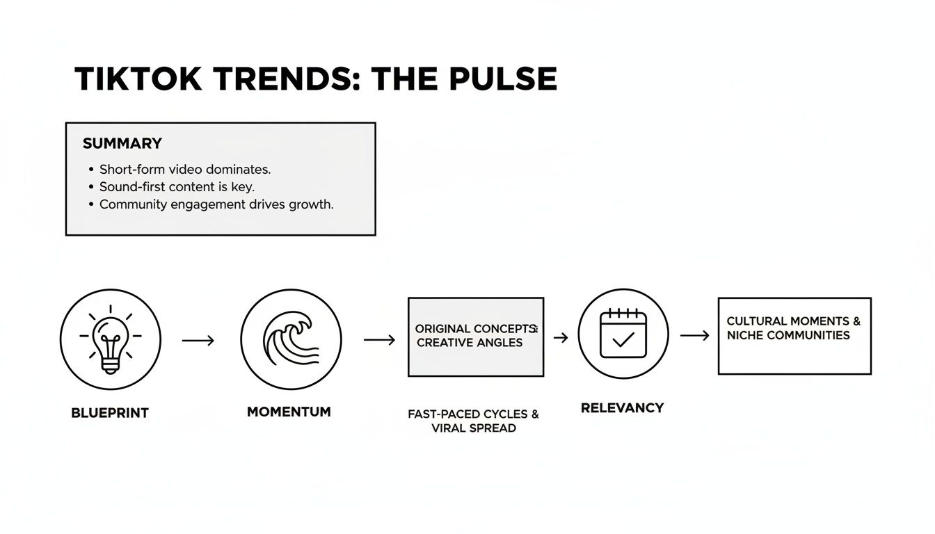 Diagram illustrating TikTok trends, including key content pillars and a five-step process from blueprint to cultural moments.