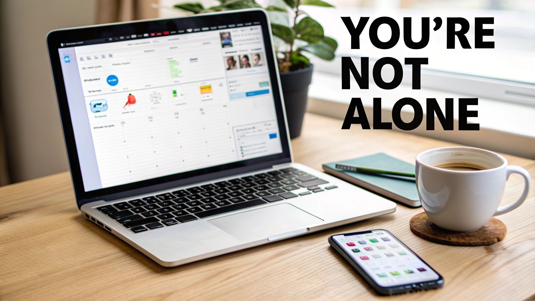 A home office desk with a laptop, smartphone, coffee, and a notebook. Text: YOU'RE NOT ALONE.
