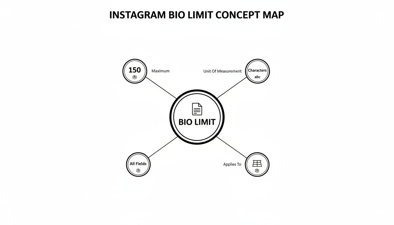 Instagram bio limit concept map showing 150 characters maximum, applying to all fields.