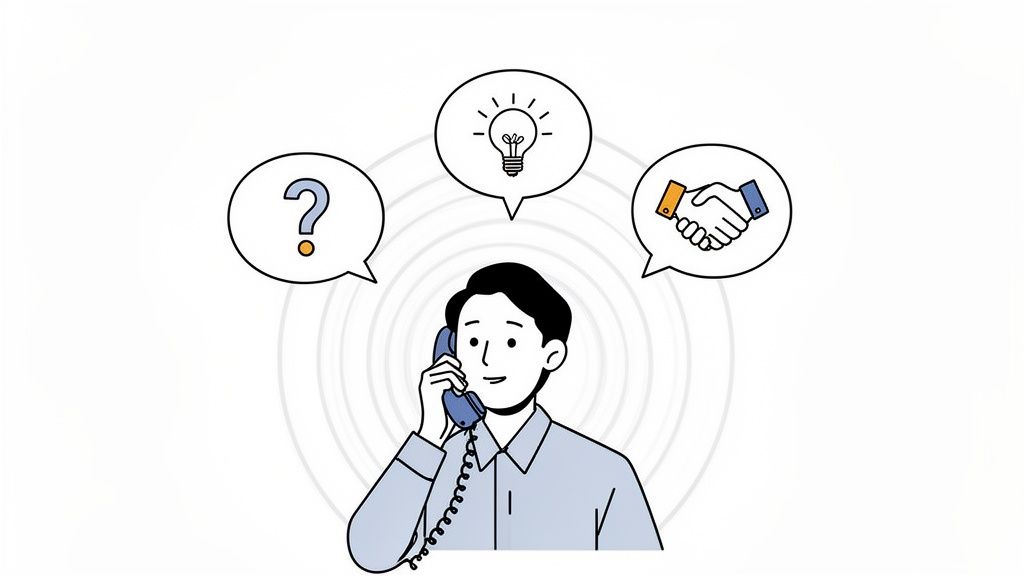 Un homme au téléphone, des bulles de pensée affichent une question, une idée et un accord, représentant le support client.