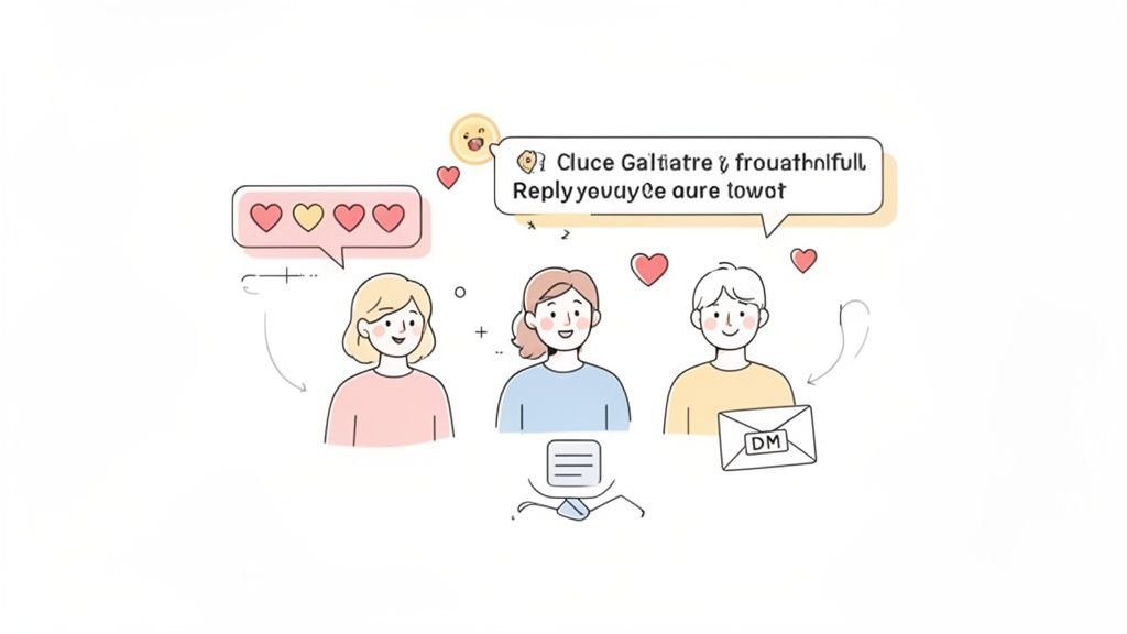 Three cartoon people engage in social media with likes, replies, and direct messages, illustrating online interaction.