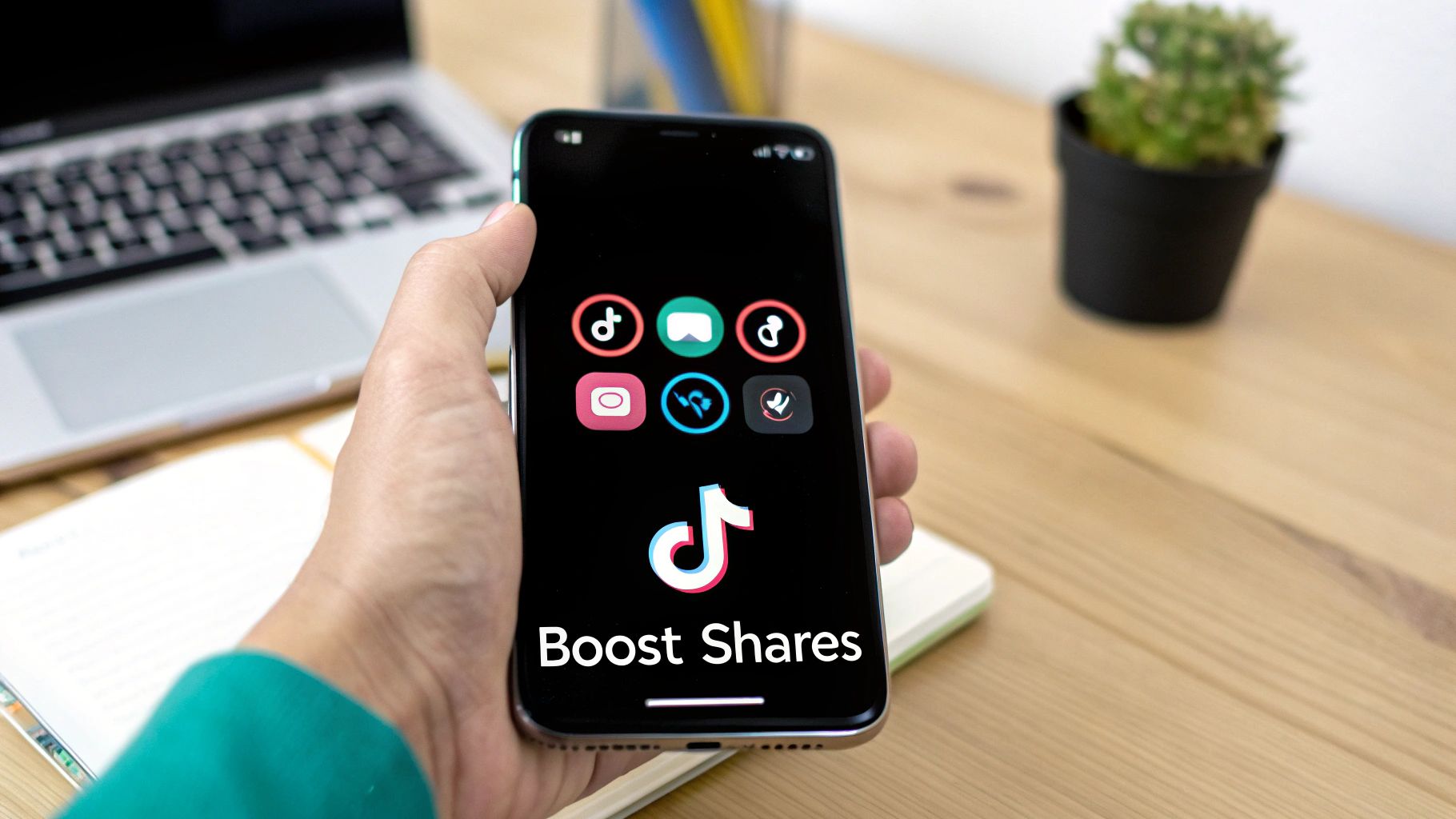 A hand holds a smartphone displaying the TikTok app logo and 'Boost Shares' text on a black screen.