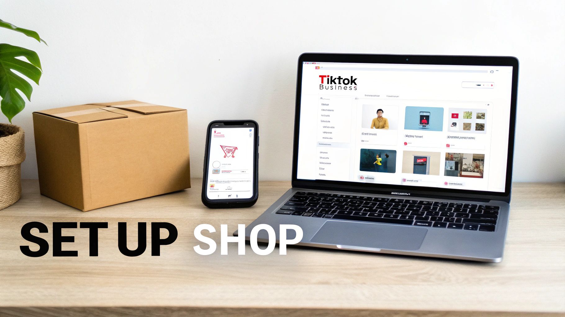 Laptop displaying TikTok Business, smartphone with shopping icon, and a cardboard box, symbolizing setting up an online shop.