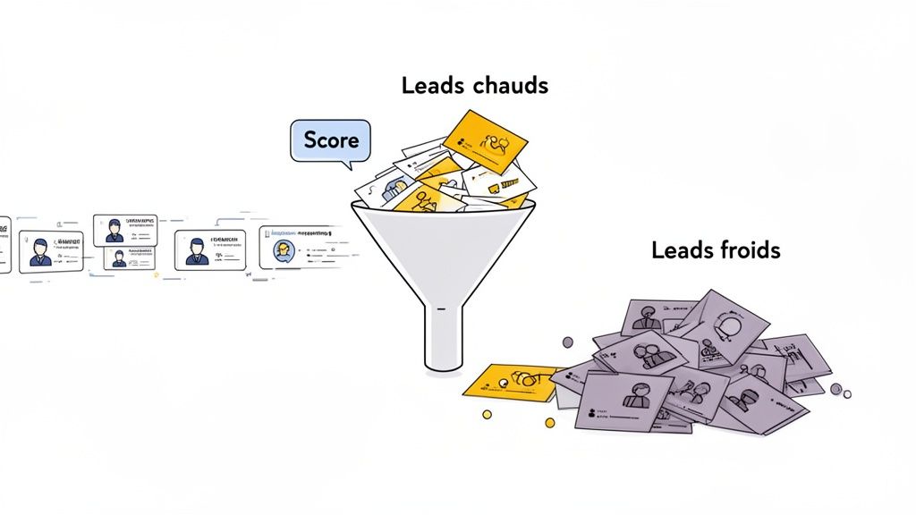 Infographie illustrant le scoring des leads: un entonnoir filtre les prospects en leads chauds (qualifiés) et leads froids.