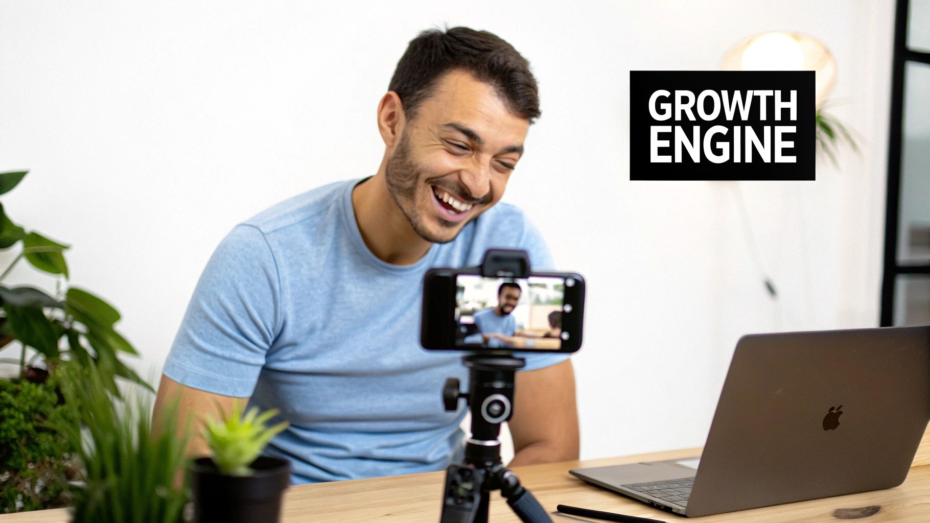A happy man filming himself with a smartphone on a tripod next to a laptop.