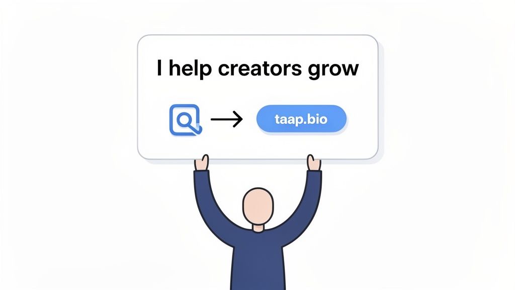 Cartoon figure holds a sign promoting 'taap.bio' for creator growth and enhanced online presence.
