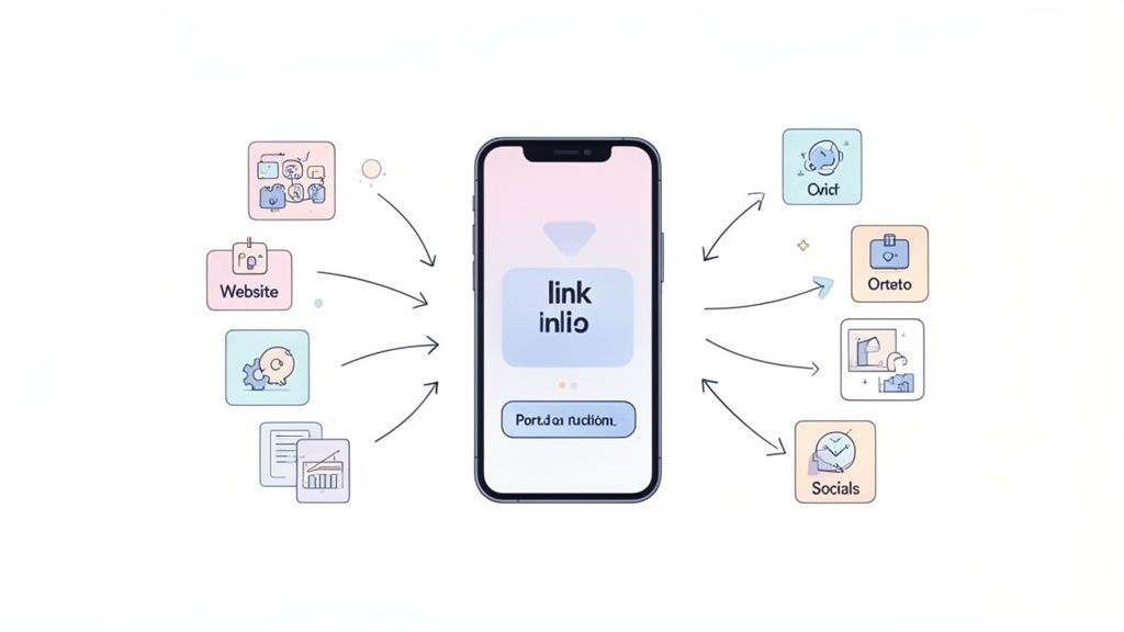 A smartphone with 'link inlio' connects to various digital platforms and apps like websites and social media.