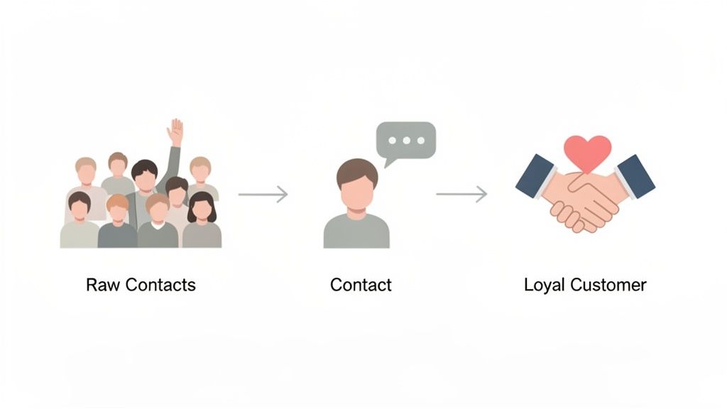 Une illustration montrant la transformation progressive des contacts bruts en clients fidèles, via l'interaction client.