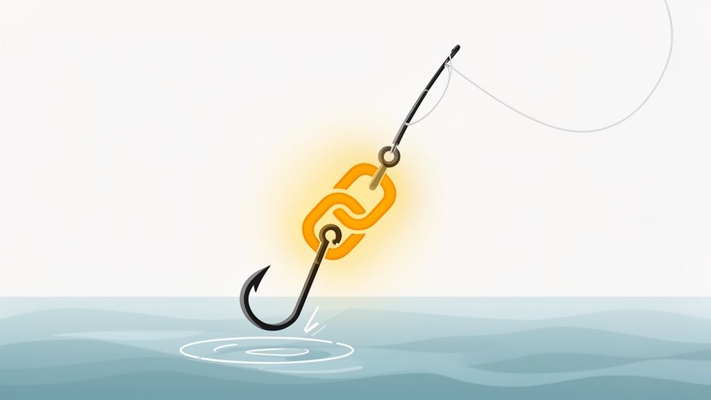 A fishing hook with a glowing golden chain link bait dips into blue water, creating ripples.