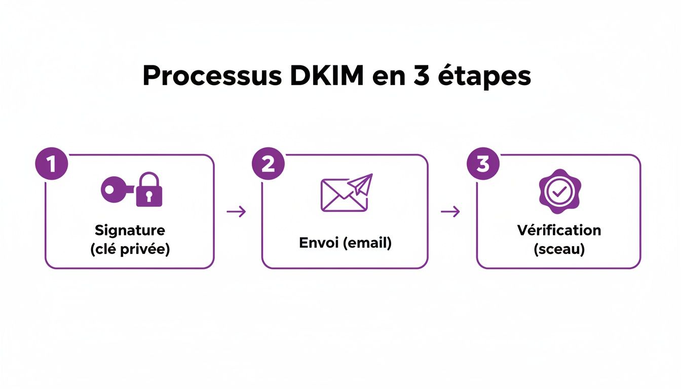 Schéma explicatif du processus DKIM en trois étapes : signature par clé privée, envoi d'email sécurisé et vérification du sceau.
