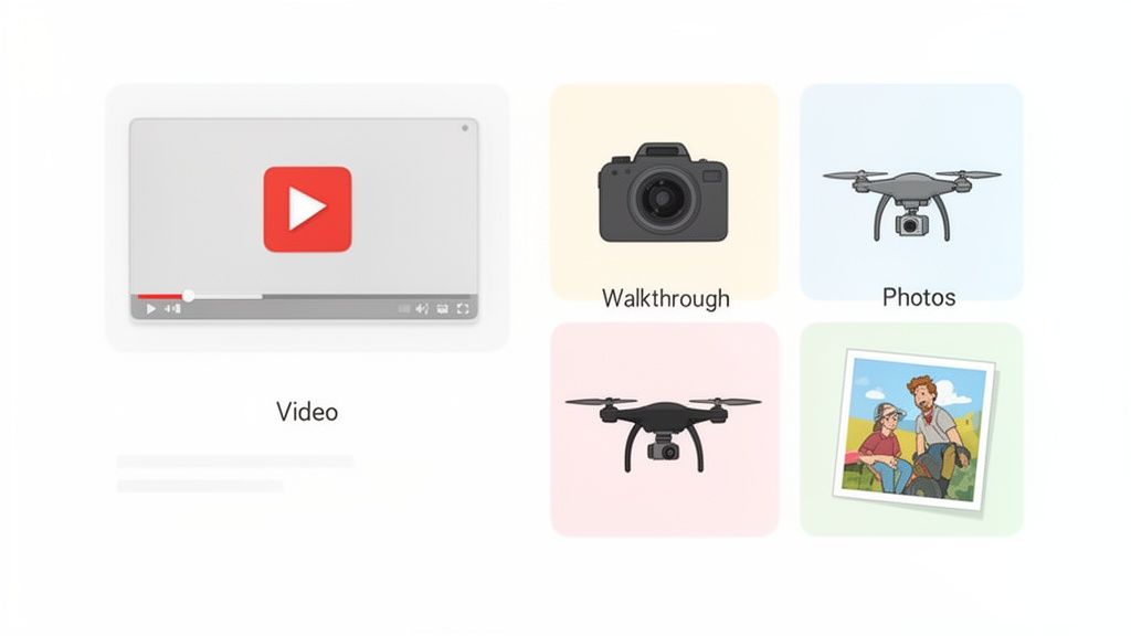 Digital media options for real estate visualization, including video, walkthroughs, drone views, and photos.