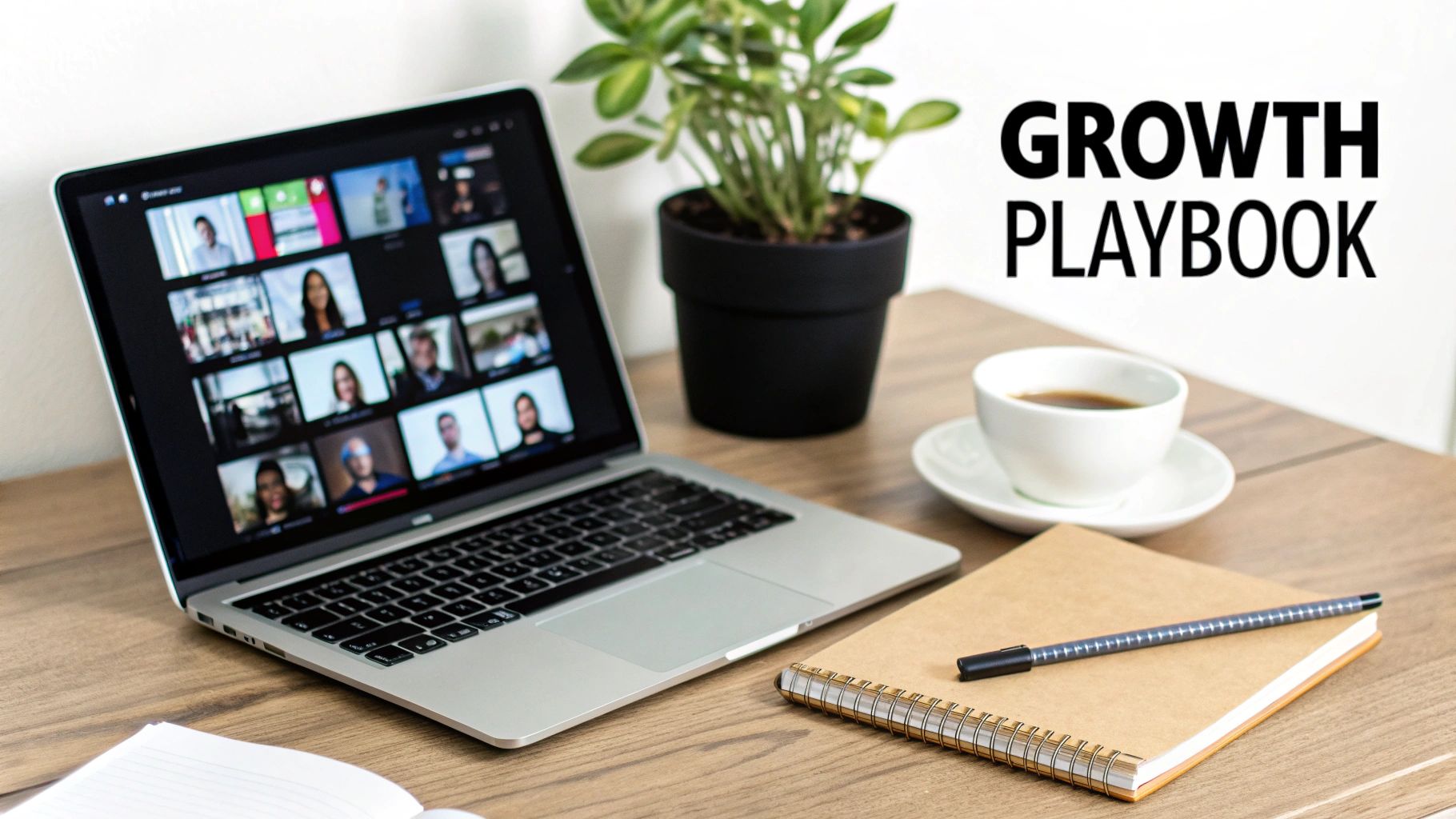 Laptop displaying a video conference, with a plant, coffee cup, and notebook on a wooden desk.
