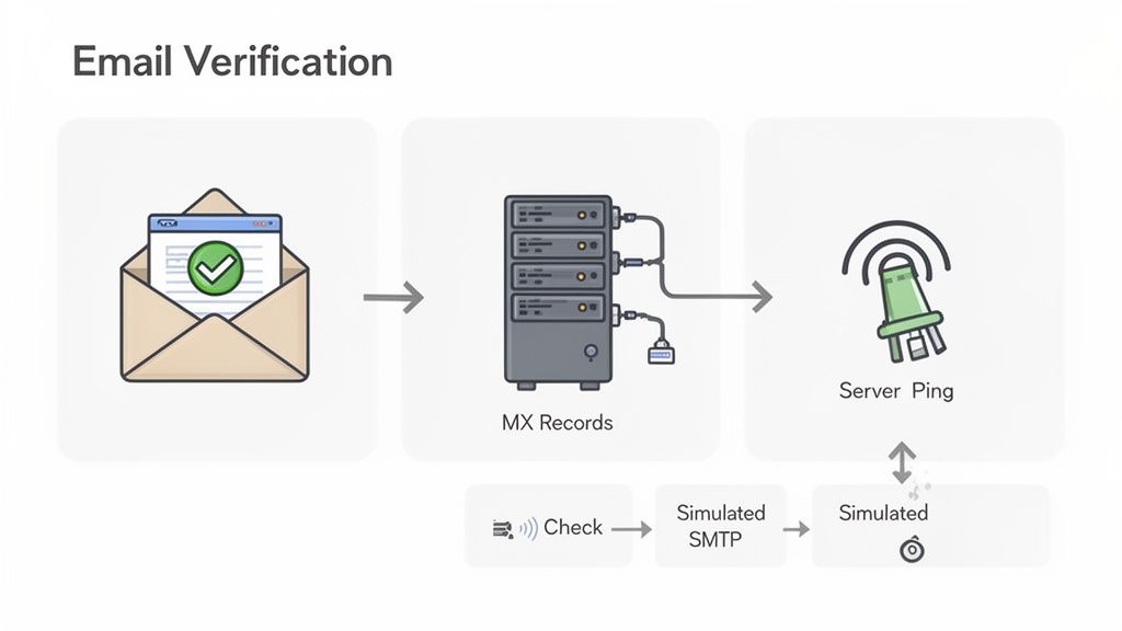 Diagramme montrant les étapes de vérification d'une adresse e-mail : enregistrements MX, ping serveur et SMTP simulé.