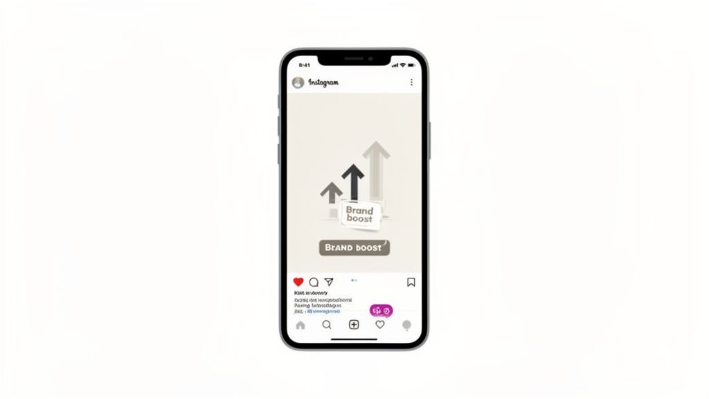 A smartphone displays an Instagram screen with an illustration of upward arrows and a "Brand boost" promotion.