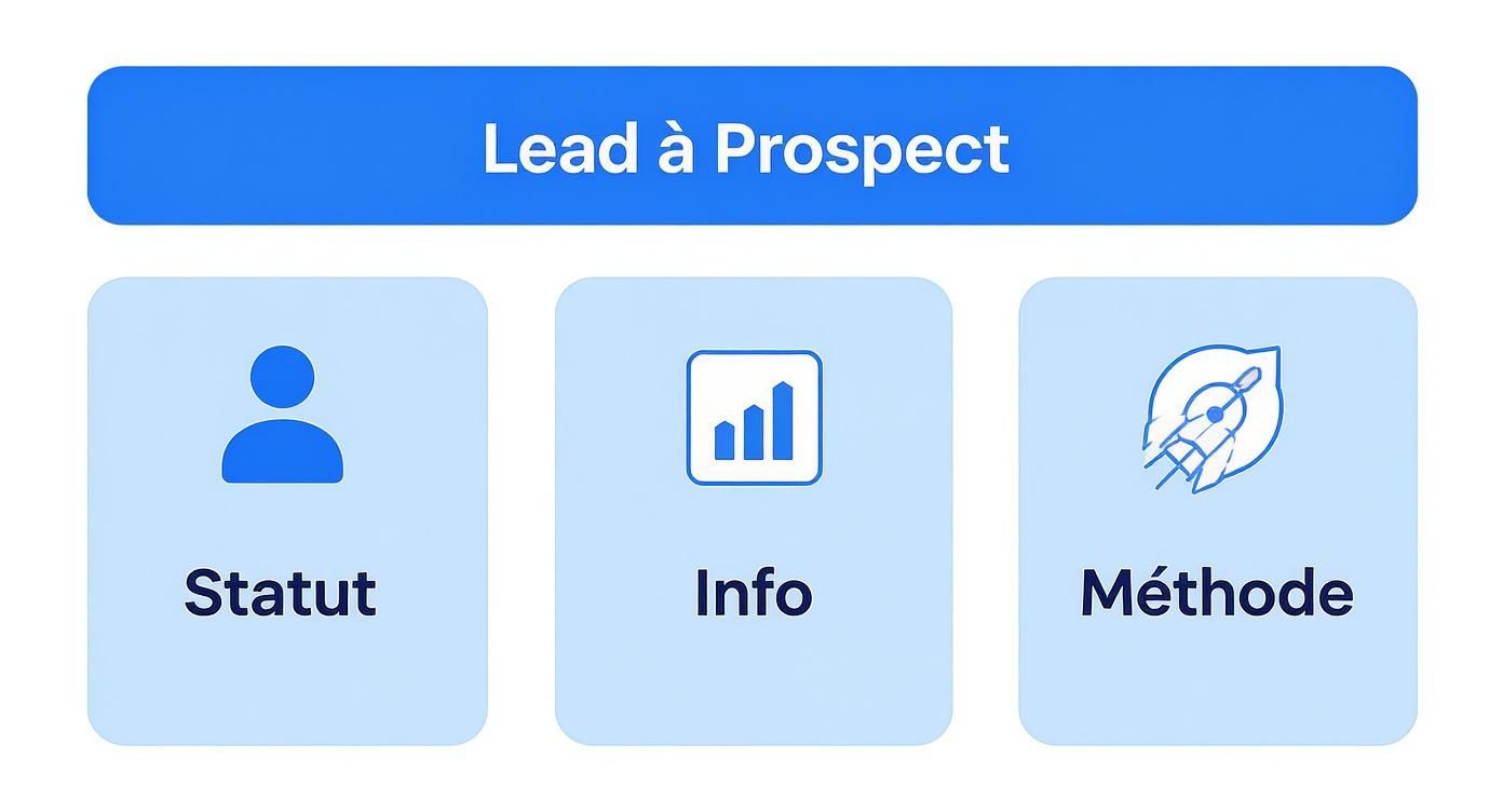 Diagramme illustrant la conversion d'un lead en prospect, détaillant le statut, les informations et la méthode.