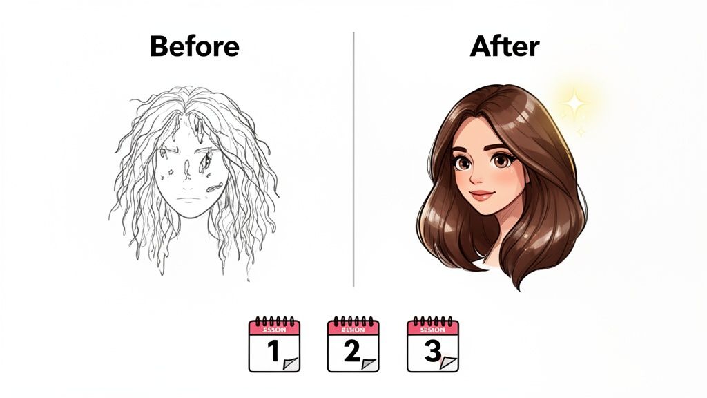 Illustration showing a dramatic before and after hair transformation over three sessions, resulting in shiny, healthy hair.
