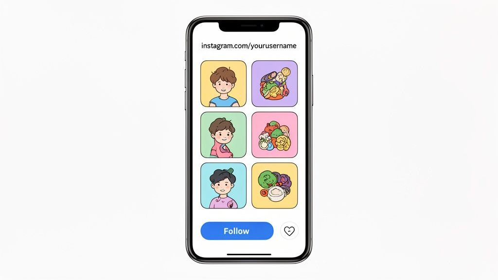 A smartphone displaying an Instagram profile page with user photos and a 'Follow' button.