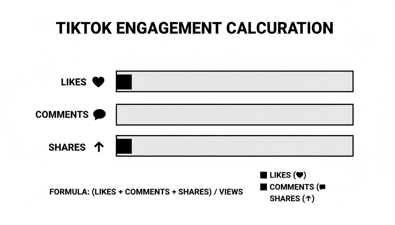 A TikTok engagement calculation chart showing bars for likes, comments, and shares, with the formula.