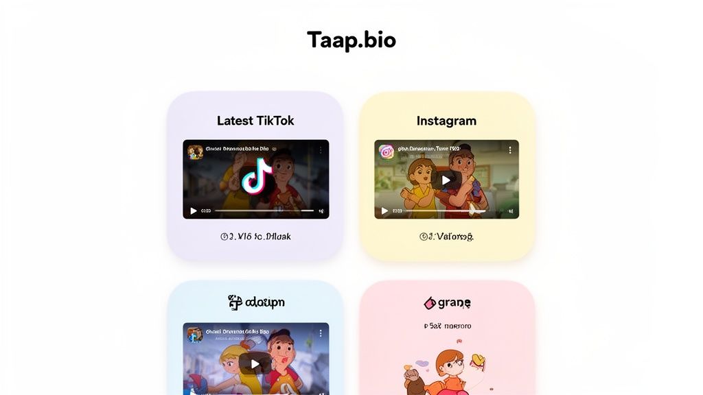 A Taap.bio webpage displaying four content cards, two showing video players for TikTok and Instagram with animated content.